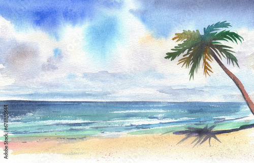 Watercolor landscape. Sunny day with sea waves  yellow sand and palm trees.