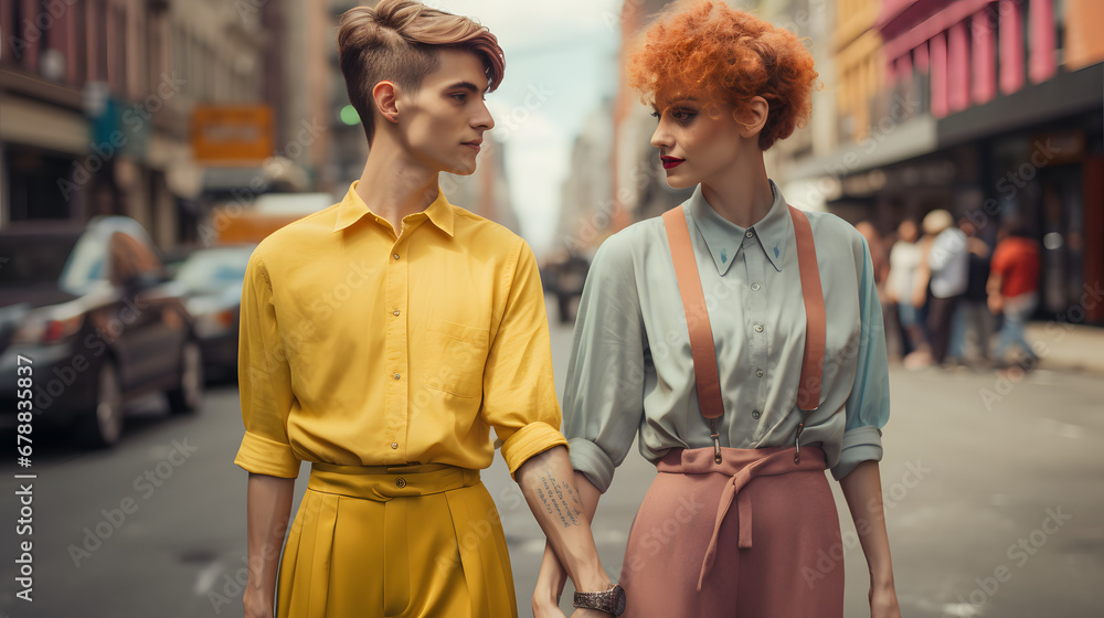 Obraz premium LGBTQ couple with gender-fluid fashion in city