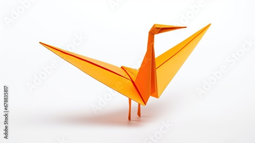 Orange origami crane on a white background.

 photo