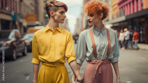 LGBTQ couple with gender-fluid fashion in city