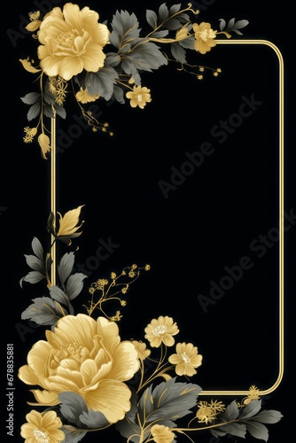 graphic vertical frame, yellow, flowers, black background, cornice floreale dorata decorata verticale rettangolare dorso carta cartolina copertina libro