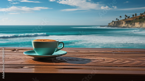Coffee cup on a table against a seaside backdrop.