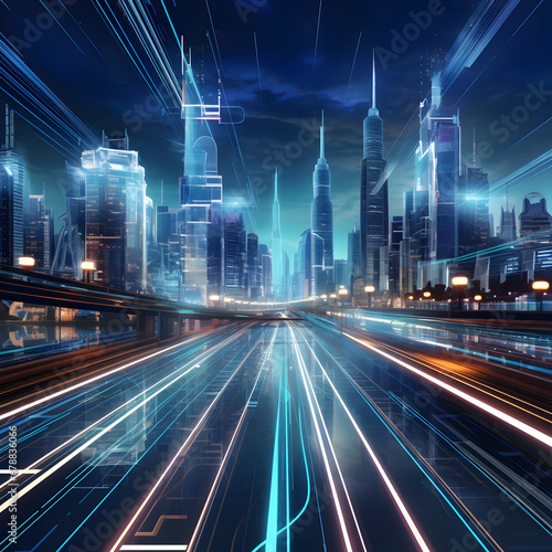 Light trails streaking through a sleek, modern metropolis, surrounded by towering skyscrapers and bathed in the glow of neon futuristic technology. A backdrop suggesting the future of virtual reality,