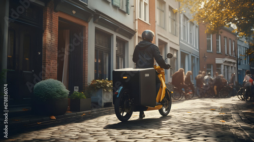 Electric cargo bike delivering packages in city photo