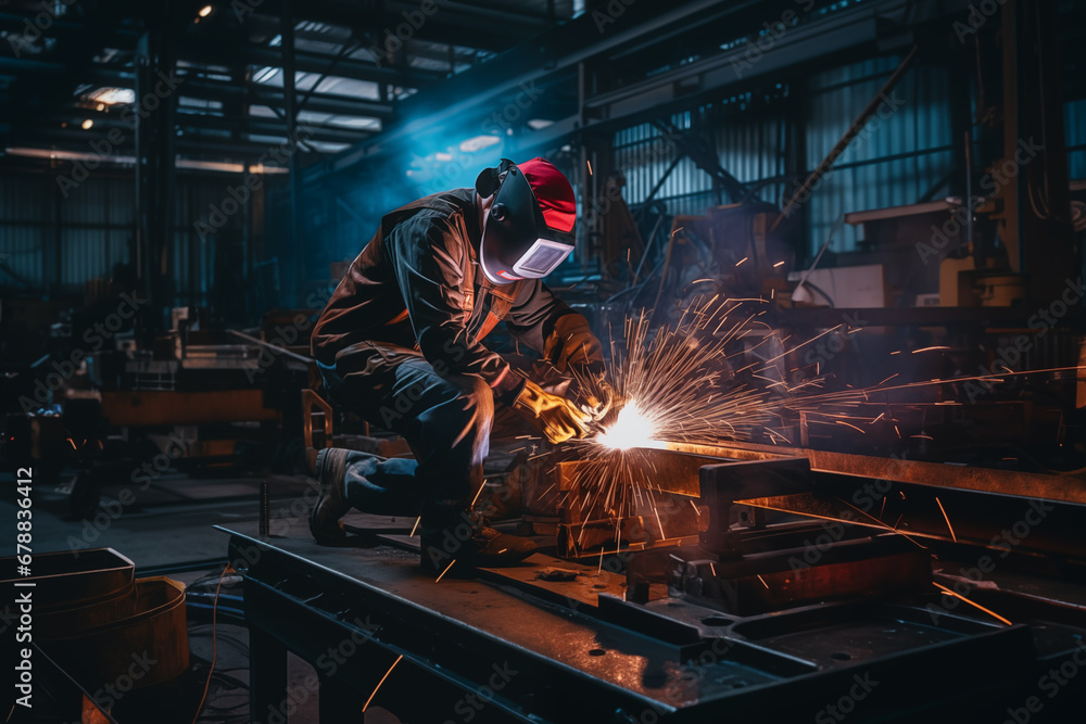 An electric welder in a mask works in the production workshop of an industrial enterprise, sparks fly in different directions. An electric welder in a mask works in the production workshop of an industrial enterprise, sparks fly in different directions.
