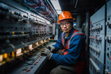 An Asian electrician in overalls, a helmet and gloves performs maintenance or repairs in an electrical cabinet.