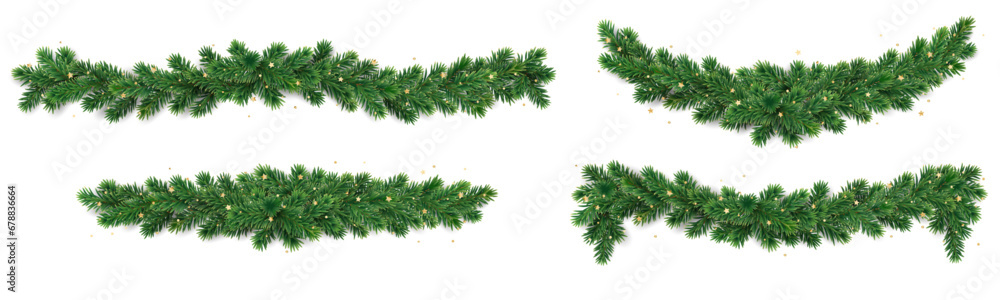 Christmas tree garland isolated on white. Realistic pine tree branches with golden confetti decoration. Vector border for holiday banners, party posters, cards, headers. - obrazy, fototapety, plakaty 