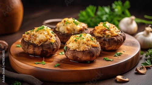 Stuffed mushrooms in air fryer on wooden cutting board on brown background.


