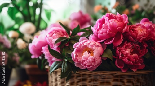Wicker basket with beautiful peony flowers on the table in flower shop. Springtime Concept. Mothers Day Concept with a Copy Space. Valentine's Day.