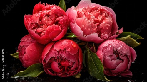 Beautiful red peonies on a black background with drops of water. Springtime Concept. Mothers Day Concept with a Copy Space. Valentine's Day. © John Martin