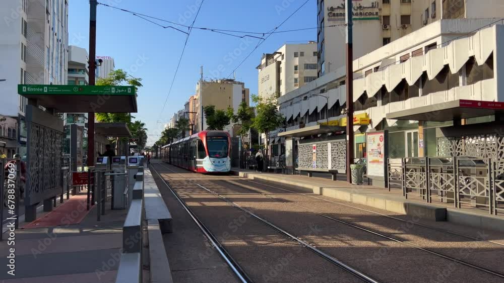 Modern tramway passing on the road in Casablanca, Morocco Modern tramway passing on the road in Casablanca, Morocco