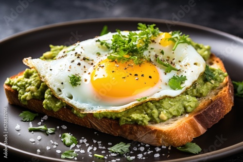 Toast with guacamole and fried egg on plate