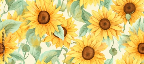 Watercolor retro sunflowers background, seamless pattern