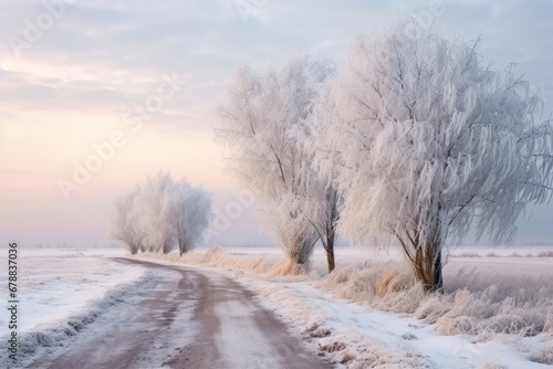 Winter walking path and trees covered with hoar frost. © Lubos Chlubny