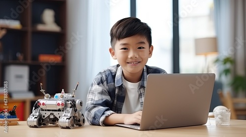 Young asia student remotely learn online at home with parent in coding robot car and electronic board cable in STEM, STEAM, mathematics engineer science technology computer code in robotics for kids.
