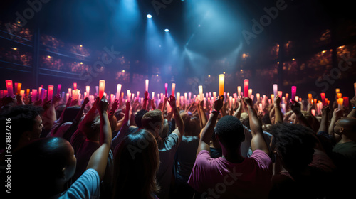 Audience raising light sticks at a music concert.