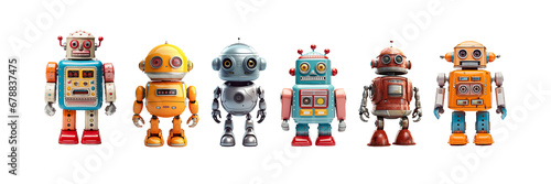 Collection set of vintage robots toys, miniature figurines isolated on panoramic transparent background, png file photo