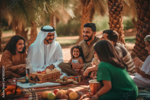Obraz na płótnie Desert Oasis Picnic: A Picturesque Snapshot of a Arab Family Enjoying Picnics in an Arid Landscape, Surrounded by Palms, Creating a Oasis Retreat in an Arabian Atmosphere