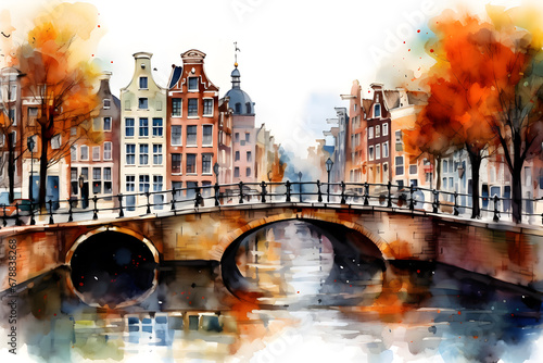 Beautiful Amsterdam canals in watercolor painting style