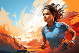 Artistic rendering of woman running against fiery sky