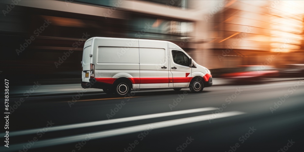 A Streamlined White Delivery Van Navigates Urban Roads with Expedient Precision, Symbolizing Efficient Cargo Transport and On-the-Go Logistic Excellence A Streamlined White Delivery Van Navigates Urban Roads with Expedient Precision, Symbolizing Efficient Cargo Transport and On-the-Go Logistic Excellence