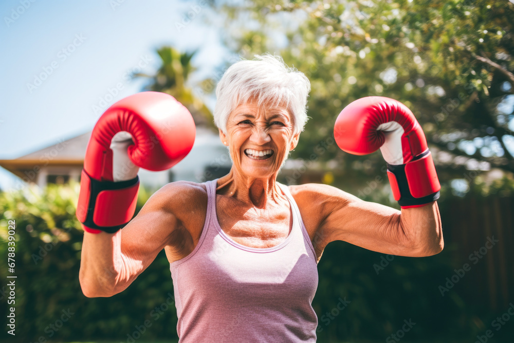 Outdoor portrait of senior woman showcasing strength and resilience as a boxer, breaking stereotypes with confidence and vitality in focused exercise routine. Never too old to train
