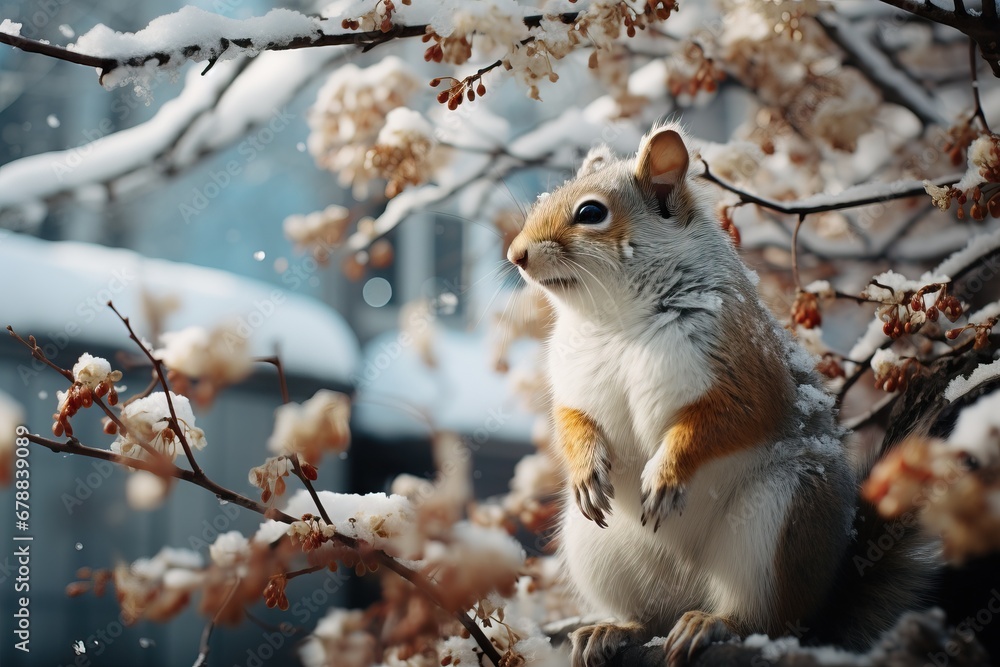 Inquisitive squirrel among snow-dusted flowers in winter Inquisitive squirrel among snow-dusted flowers in winter