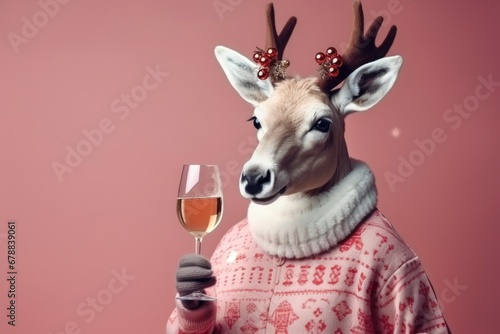 Portrait of a cute Christmas reindeer in a sweater with a champagne glass on a pink background with copy space. photo