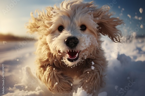 Exuberant dog mid-leap in a snowy landscape at sunset