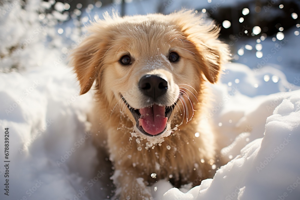 A happy golden retriever with snow on its nose, enjoying a sunny winter day A happy golden retriever with snow on its nose, enjoying a sunny winter day