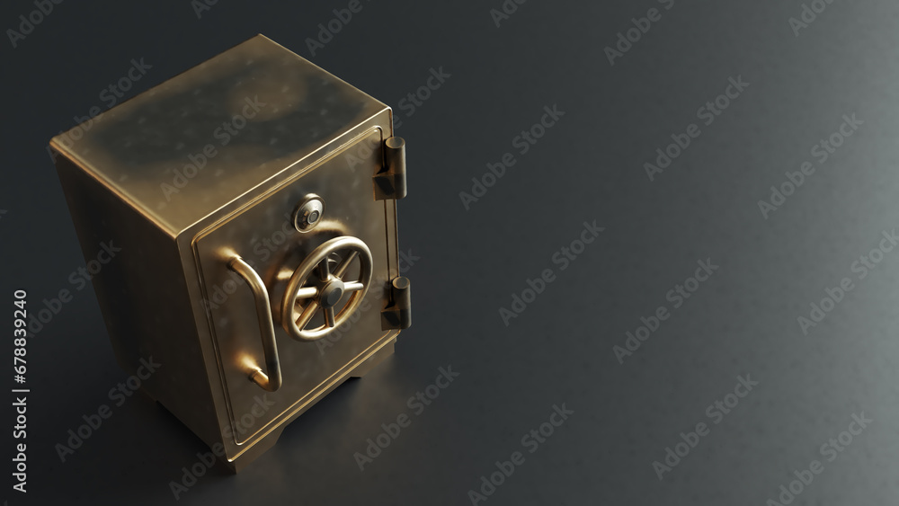 3D render of closed metallic safe box isolated on dark background. gold bank safe with closed steel door 3D render of closed metallic safe box isolated on dark background. gold bank safe with closed steel door