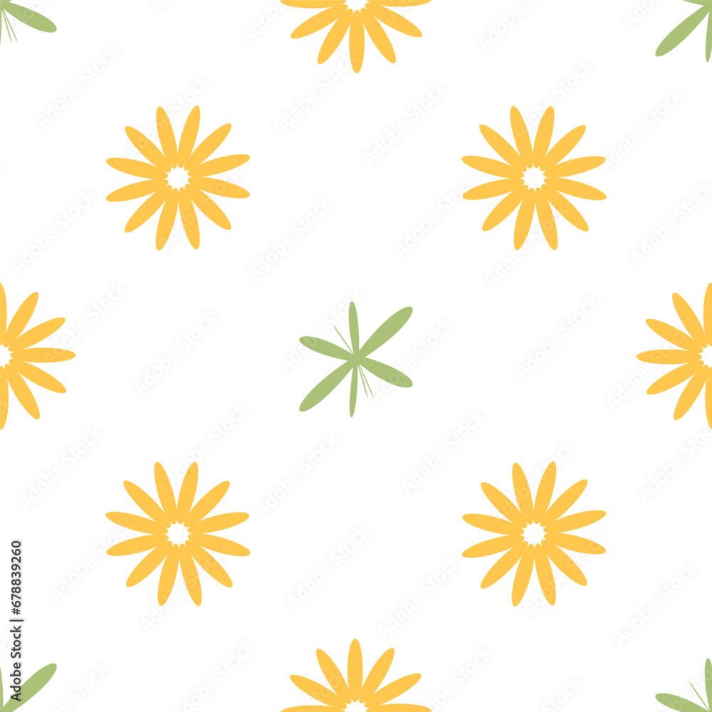 A simple floral white background, yellow daisies and green leaves seamless pattern A simple floral white background, yellow daisies and green leaves seamless pattern