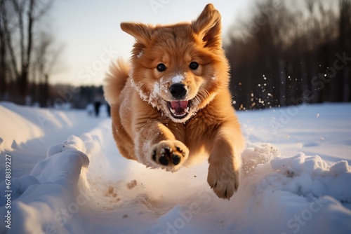 Exuberant dog leaping joyfully through a snowy landscape at sunset © artem