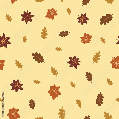 A pastel yellow seamless pattern with falling autumn leaves