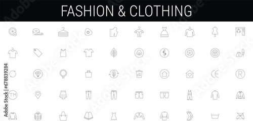 Clothing line icon set. Dress, polo t-shirt, jeans, winter coat, jacket pants, skirt minimal vector illustrations. Simple outline signs for fashion application