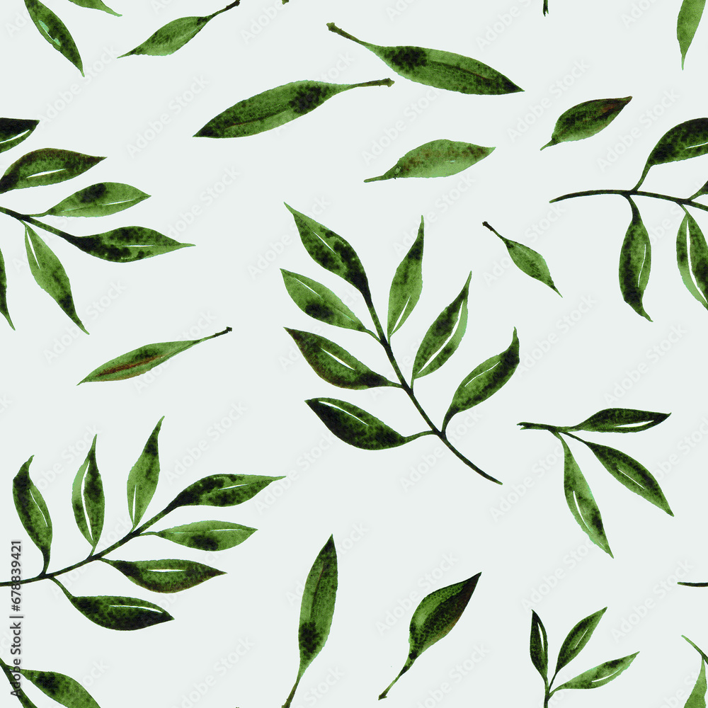 A botanical background with green leaves and branches, a seamless pattern with hand-painted watercolor leaves