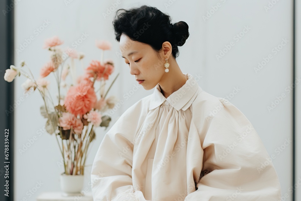 Asian woman in elegant attire deep in thought among delicate flowers Asian woman in elegant attire deep in thought among delicate flowers