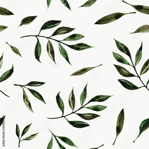 A botanical background with green leaves and branches, a seamless pattern with hand-painted watercolor leaves