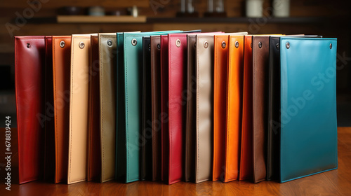 Vibrant leather folders displayed on a wooden countertop.