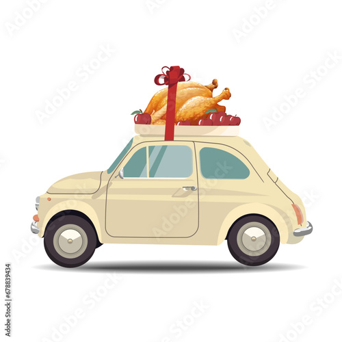 A cooked turkey with a bow is being carried on the roof of a car. Thanksgiving Day. EPS 10