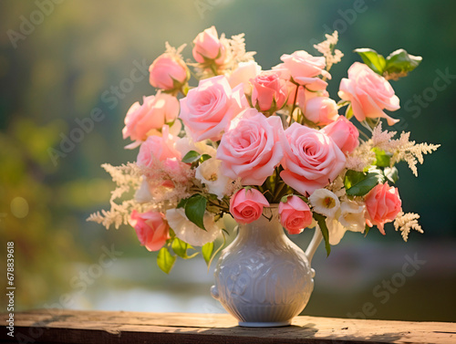 Bouquet of pink roses in vase on wooden table in garden © Kateryna