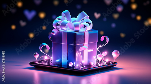 Regalo render 3d brillante - Cinta regalo morado obsequio modelado - notificacion telefono pantalla