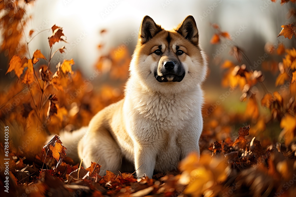portrait of a American akita dog lying on autumn foliage, natural light, outdoors, warm filter, ai art