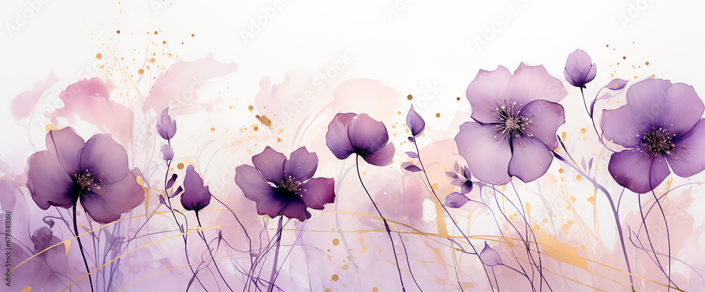 Flores pintura ilustración abstracta pétalos flor - Fondo acuarela - Dorado oro - Morado purpura - obrazy, fototapety, plakaty 