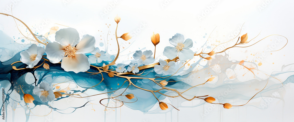 Flores pintura ilustración abstracta pétalos flor - Fondo acuarela - Dorado oro - Azul