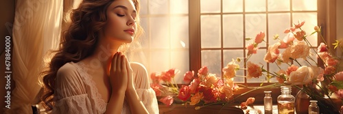 A beautiful brown-haired bride in a long white dress with flowers and perfumes is sitting at the window waiting for her groom. Generated by AI.