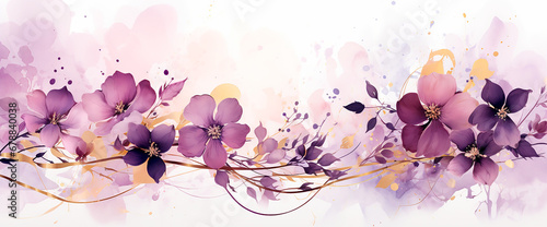 Flores pintura ilustración abstracta pétalos flor - Fondo acuarela - Dorado oro - Morado purpura photo