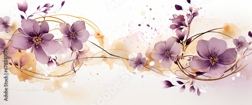 Flores pintura ilustración abstracta pétalos flor - Fondo acuarela - Dorado oro - Morado purpura