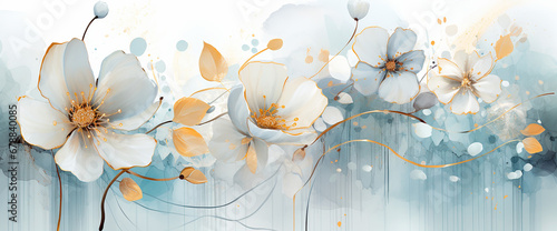 Flores pintura ilustración abstracta pétalos flor - Fondo acuarela - Dorado oro - Azul