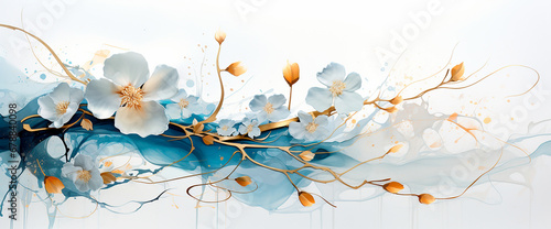 Flores pintura ilustración abstracta pétalos flor - Fondo acuarela - Dorado oro - Azul © Carmen